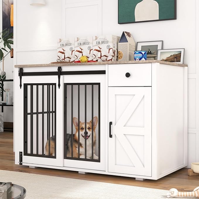 Verano Garden 44" Dog Crate Furniture, Dog Kennel (44" Right Facing Door) | 2-in-1, Lockable, Sliding Door, Removable Divider, Adjustable Shelf, Farmhouse, Heavy Duty, Small Medium Dogs, White