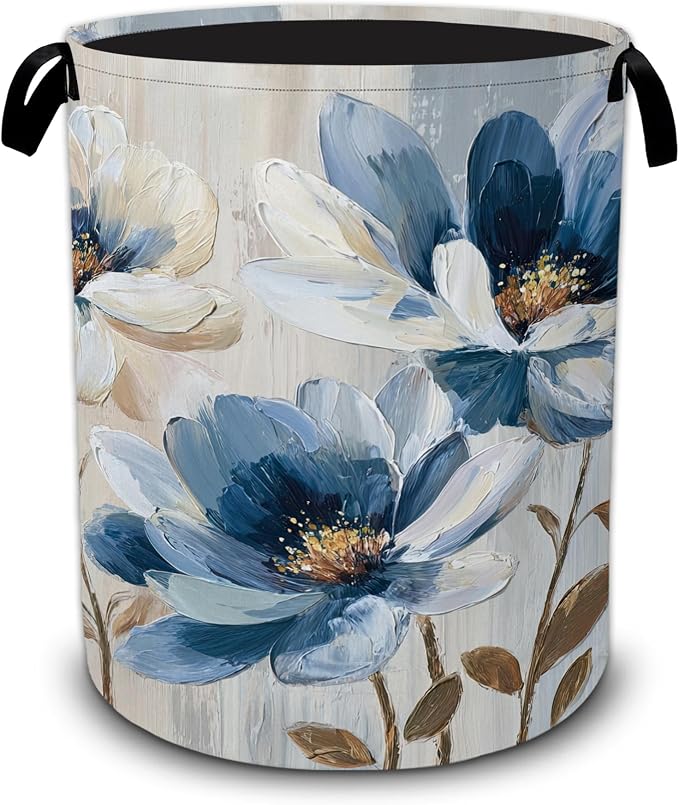Blue Flower Laundry Basket,Flower on Marble Foldable Oxford Laundry Hamper with Handles,Collapsible Clothes Storage Basket for Bedroom,Bathroom,or Laundry Room,20.8 x 16 Inches