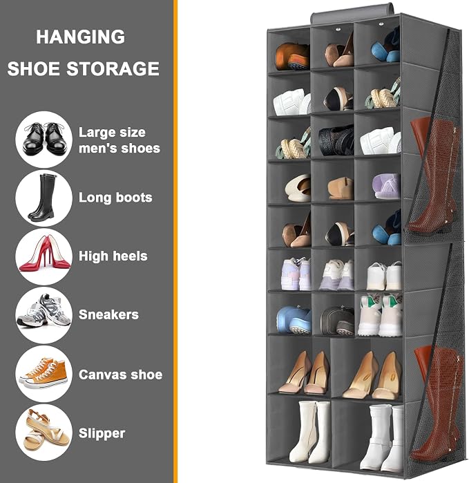 Hanging Shoe Organizer for Closet, Closet Hanging Shoe Storage Rack Holder Shelves,Collapsible Shoe Closet Organizers and Storage with 4 Large Side Pockets,25 Sections for Shoes,Hats,Clothes(Gray)