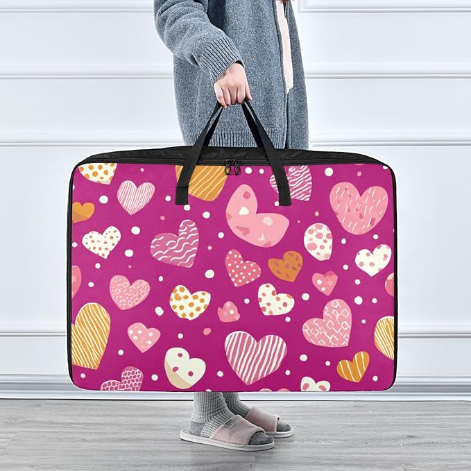 Comforter Storage Bags Large Folding Blanket Organizer Bag with Strong Handles Clear Window Closet Storage Containers for Clothes King Queen Pillows Bedding Quilt Duvet Pink Stripes Hearts