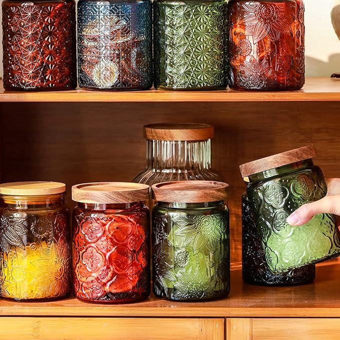 2-Pack Green Vintage Glass Jars, 23.7 oz Sunflower Embossed Food Canisters | Pantry organizer, coffee bean holder, tea container, sugar keeper, cookie holder, candy bin, oatmeal holder, countertop decor