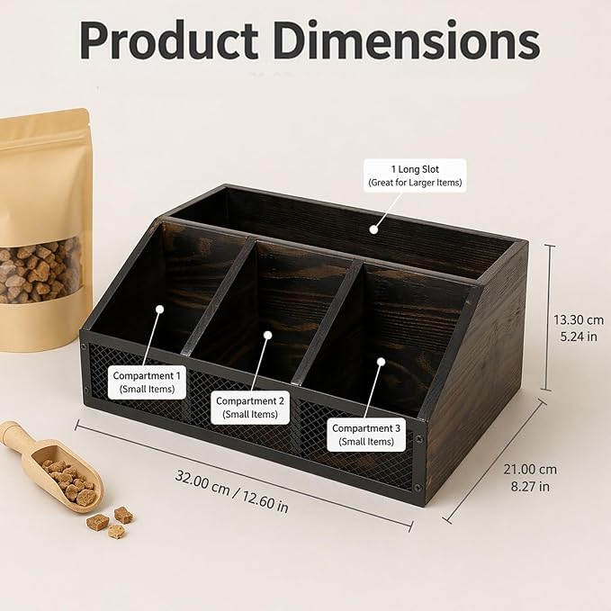 Pethiy Dog Treat Organizer for Countertop, Wooden Pet Treat Storage Box,Wooden Grid Snack Storage Box Trapezoid Dog Snack Holder for Training Treats,cat Treat jar Desktop Treat bar