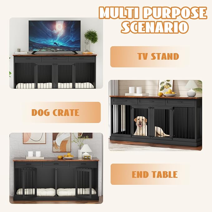 70.9 inches Double Dog Crate Furniture with 3 Drawers for Large Medium Dogs