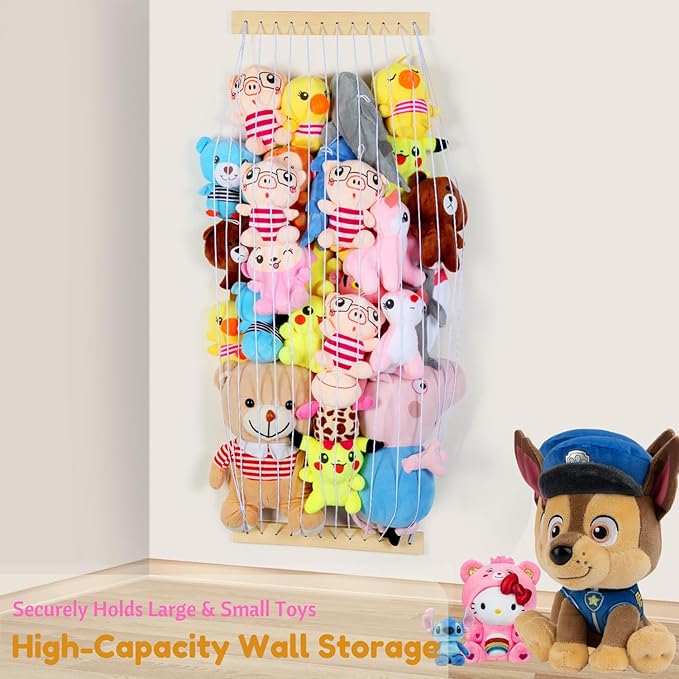 Stuffed Animal Storage Hammock Wooden Plush Toy Organizer for Kids Room Décor, Playroom Nursury Plush Toys Storage Caddy, Decoration Wall Hanging Stuffed Animal Net or Hammock Corner