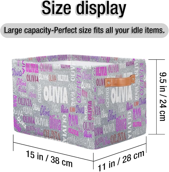 Personalized Storage Basket with Handles, Silver Glitters Print | Organizing Boys Girls Pets Toys Closet Shelf Clothes Books
