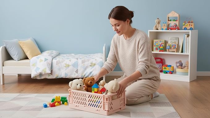 4 Pack Pastel Crates for Storage, Plastic Folding Basket, Colorful Small Storage Containers for Bedroom Office Classroom Bathroom Desktop Drawer Organizer Decor (9.8x6.5x3.8inch)