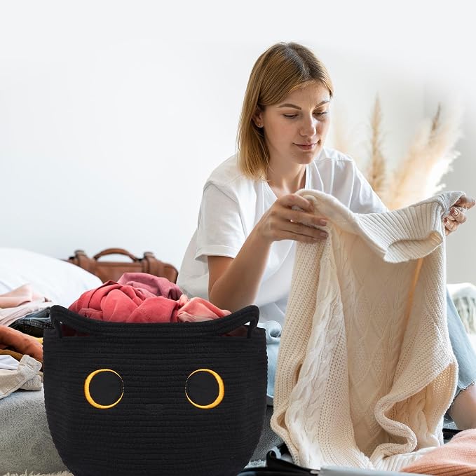 Cute Black Cat Round Basket - Cotton Rope Baskets Large Baby Laundry | Blasket for Nursery, Woven Blanket Basket Hamper With Handle Toy Storage Basket for Gifts, Baby Shower 14 ×12 inchs 30.5L