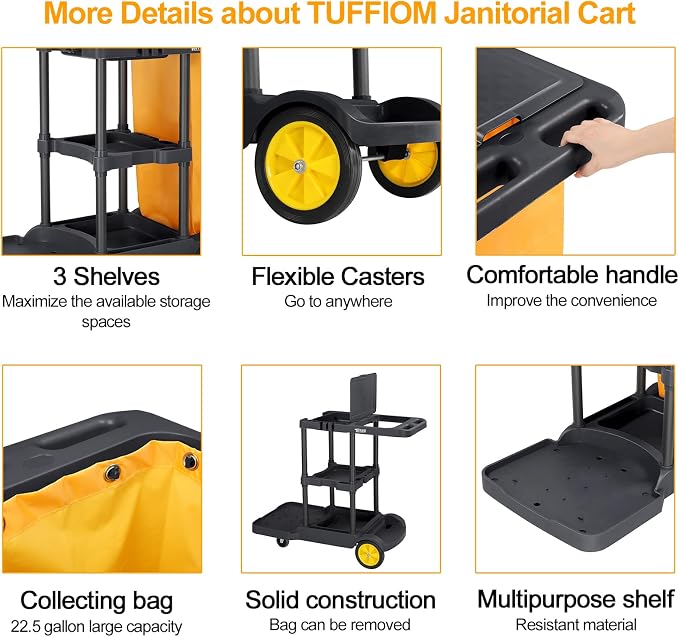 TUFFIOM Extra Large Commercial Traditional Cleaning Janitorial 3-Shelf Cart, 500 Lbs Capacity Housekeeping Cart, 42.5" L x 18.7" W x 37.6" H, Wheeled with 22 Gallon Yellow VinylBag Cover w Lid, Black