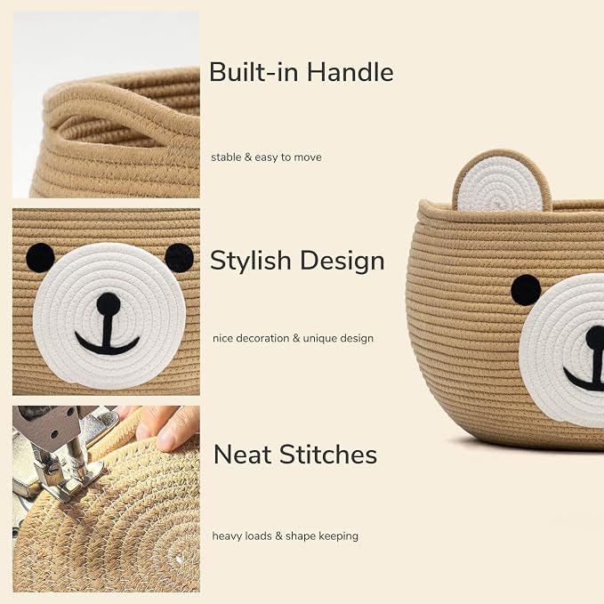 CherryNow Large Baby Basket for Gifts Empty, Cute Bear Design, Brown | 15.7" x 10.5" Baby Shower Basket for Kids Boys Newborn Storage, Woven Rope Toy Basket, Fits Living Room Nursery Décor