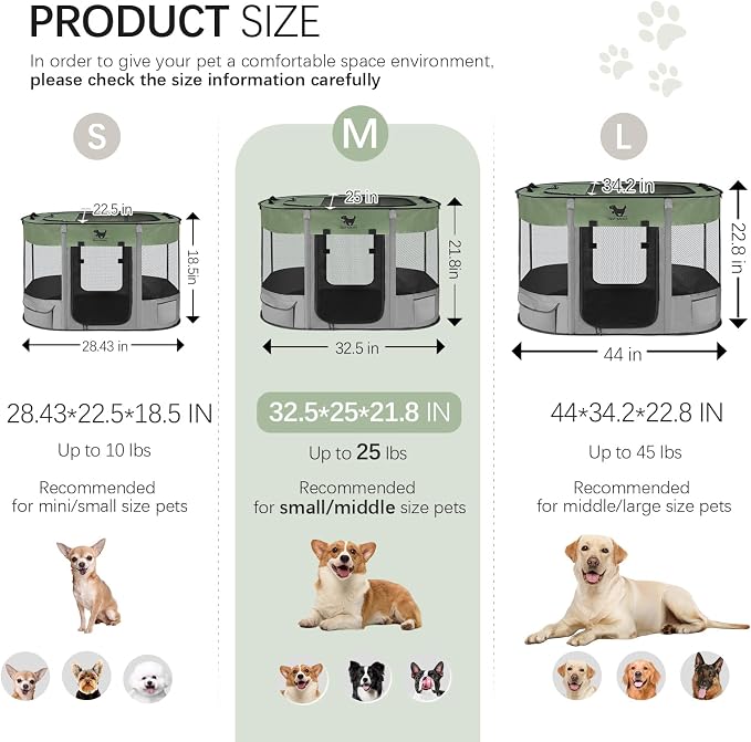 Dog Playpen, Foldable Kitten Playpen for Medium Dogs, Portable Pet Puppy Playpen with Removable Shade Cover, Indoor Outdoor Travel Camping Use for Small Pets with Carrying Case (M, Green)