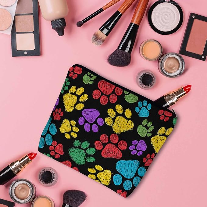 Woman Makeup Bag Dog Paw, Rainbow Doodle Paw Prints Cat Footprint Makeup Bags Travel Cosmetic Bags Toiletry Makeup Organizer Pencil Pouch Make Up Cosmetic Bag For Owners Lady Birthday Gifts
