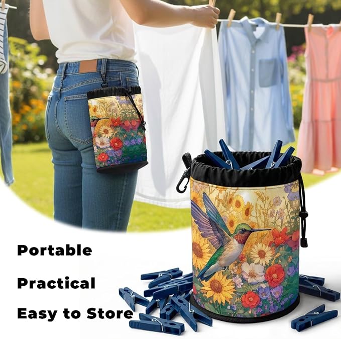 Hummingbird Floral Laundry Peg Bag with Drawstring, Clothespin Organizer Pouch with Hanging Loop, Portable Storage for Clips, Perfect for Drying Rack, Camping, Dorm Room