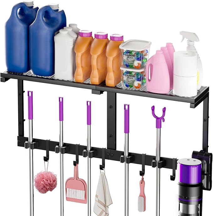 Heavy Duty Broom Holder Wall Mount, All-Metal Mop Rack with Storage Shelves | Space-Saving Cleaning Supply Organizer with Hooks Keeps Mops, Brooms and Tools Handy in Laundry Rooms, Garages and Kitchens