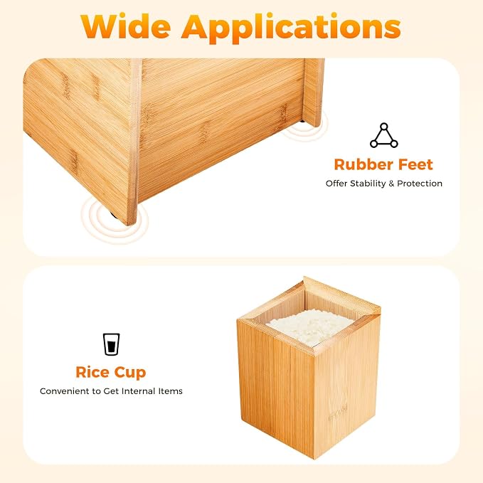 22 lbs Bamboo Rice Storage Container with Sliding Lid & Measuring Cup, Airtight Dry Food Organizer for Kitchen Countertop - Large Capacity Grain Bin for Flour, Nuts, Beans, Pet Food - Natural Wood