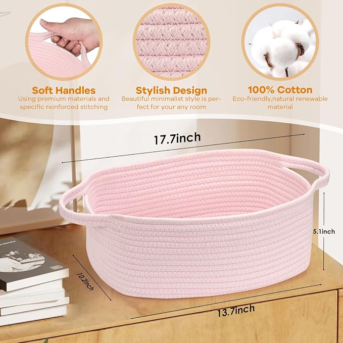 Small Woven Cotton Rope Basket Cute Baby Gift Baskets Empty Decorative Storage for Organizing Shelves Closet Baby Nursery Basket Bin Toy Storage Basket Organizer 13.7"x10.2"x5" Pink Easter
