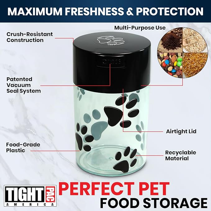 Pawvac 1 to 6 Ounces Container, Airtight Pet Food and Treats Storage Jar - Patented Vacuum Seal Container for Pet Food, Treats and other Dry Goods - Clear with Paws