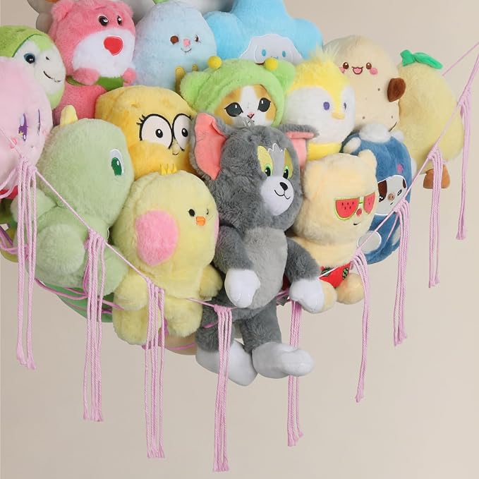 Stuffed Animal Net Hammock Corner,55Inch Large No Drilling Plushie Net,Pink | Handcrafted Natural 100% Cotton Toy Hammock,Boho Macrame Toy Net,Stuffed Animals Storage Stuffy Organizer,Nursery Room Decor
