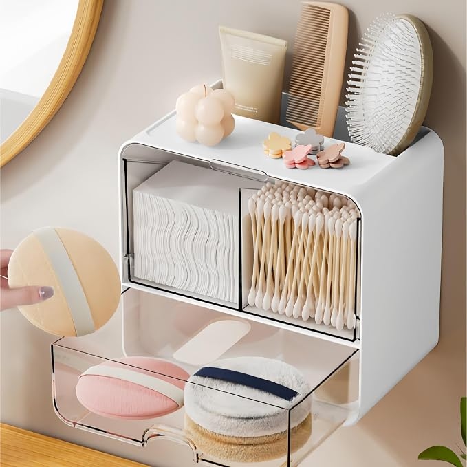 Acrylic Wall Mount Organizer, Wall Mounted Tampon and Pad Holder for Bathroom, No Drilling Feminine Hygiene Organizer with Lid and Drawer for Bathroom Cotton Swabs, Balls, Pads, Floss Picks