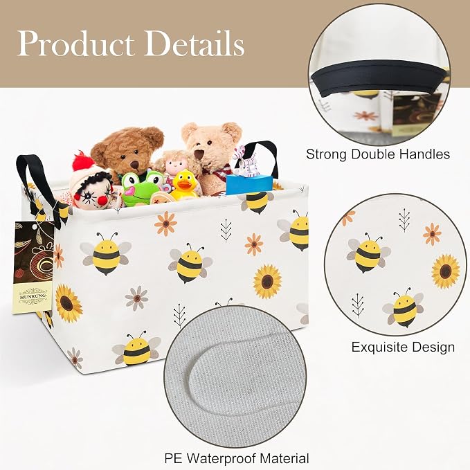 Rectangle Foldable Storage Basket Handles For Home, Bee | Waterproof canvas material, reinforced handles, perfect for shelf use, organizes clothes, daily items and pet supplies