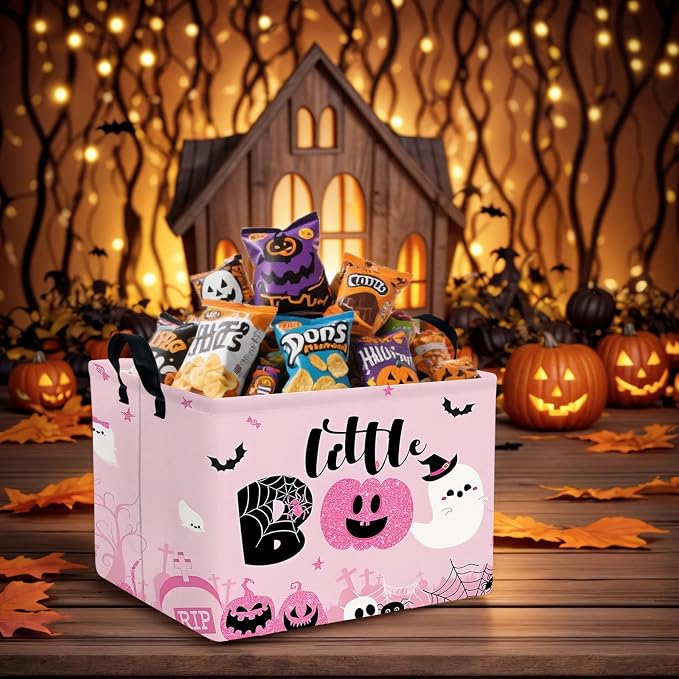 Halloween Basket Gift Cute Pumpkin Ghost Parties Decor Kid Trick or Treat Basket for Boys and Girls Rectangular Storage Bin Box (Pink)