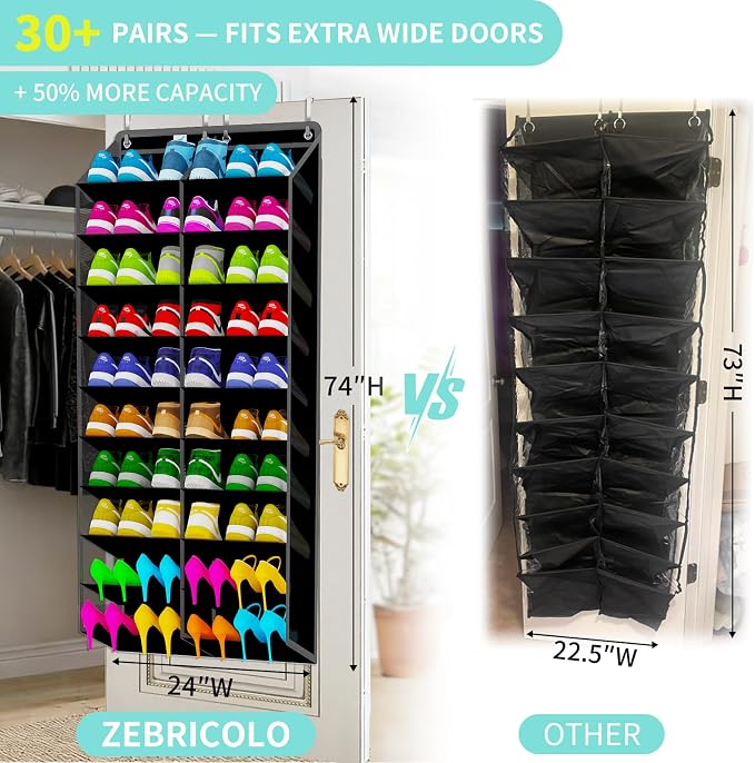 Large Shoe Rack for Door 74 x 24 Inches, Over the Door Shoe Organizer, Heavy-Duty Hanging Shoe Storage for Closet, Extra-Wide 30 Pairs Shoe Holders Fit Family Sneakers Heels Boots - Black