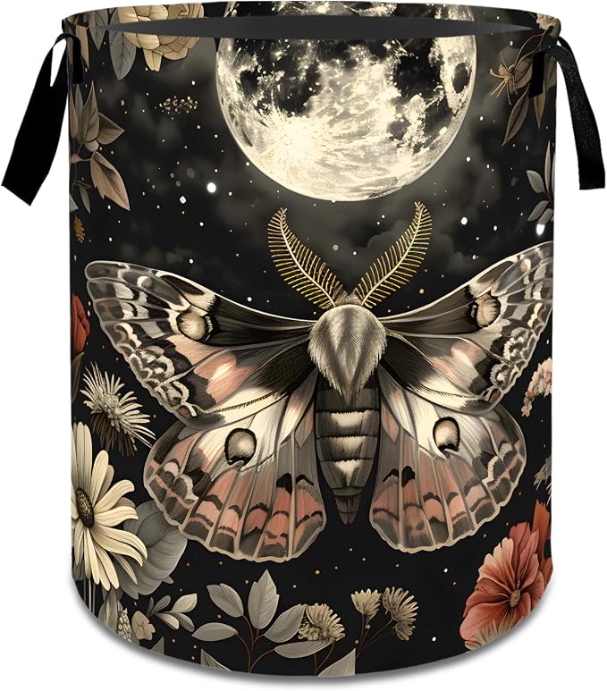 Mystical Moth and Moon Laundry Basket,Dirty Clothes Hamper,Retro Insect Floral Storage Bin Gifts,Foldable Waterproof Oxford Cloth Baskets for Bedroom,Bathroom,Home Decoration(19.7" x 15.7")