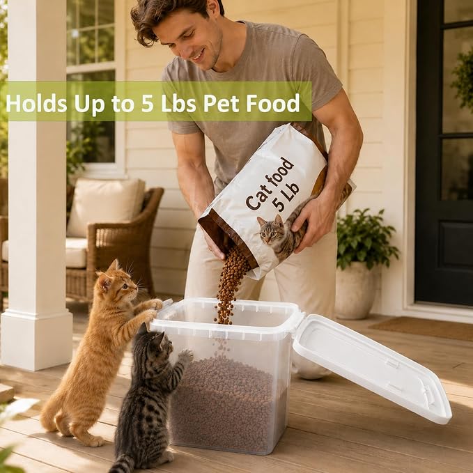 5-10 Lbs Airtight Cat Dog Food Storage Container, 8QT Compact Pet Food Bin | Plastic Food Container with Buckle-Lock Lid & Scoop for Dog, Cat, Bird Seed, Pet Food, Chicken, Dry Food, Rice, Cereal, Flour