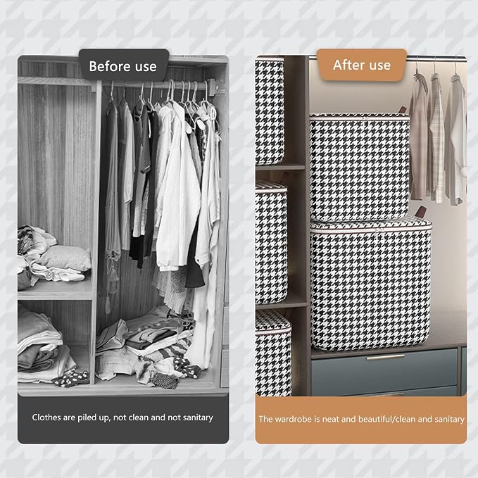 Fabric Storage Boxes with Lids Houndstooth Clothes Quilt Bins Container Organizers with Handle for Bedroom Closet (100, Square, 1, SB-123)