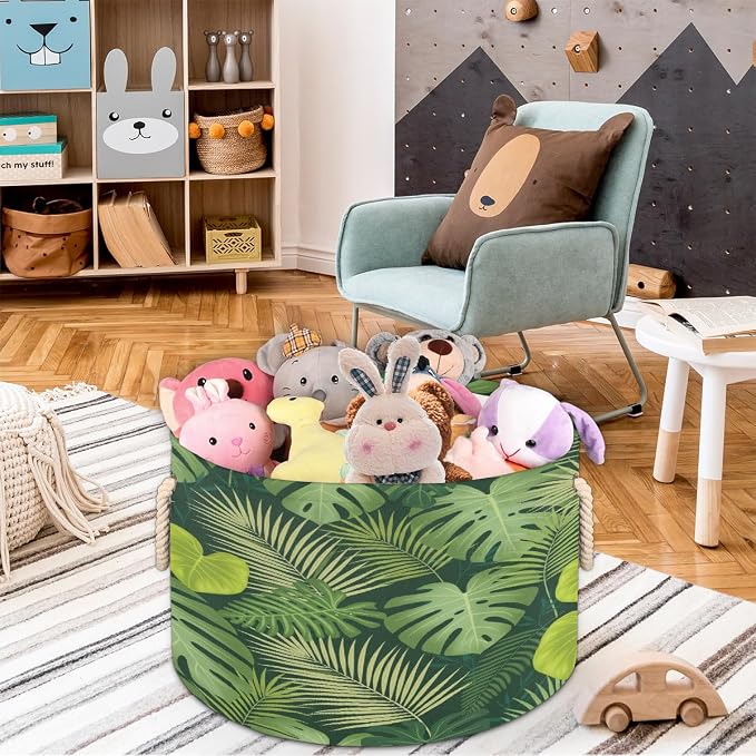 Large Storage Baskets - Monstera Heart Leaf Nursery Organizer Bin Box with Handles Collapsible Round Laundry Hamper for Kids Toys Pet Blanket, Bedroom Living Room Home Decor Gift Basket