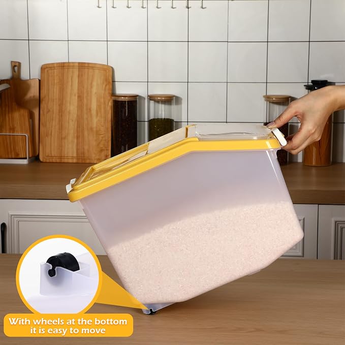 Sunnyray 4 Pcs Rice Storage Container Bulk 27.6 lb Airtight Flour Container with Wheels and Lids Measuring Cup Clear Pet Food Dog Birds Cat Food Bin Grain Cereal Organizer Box(Yellow)