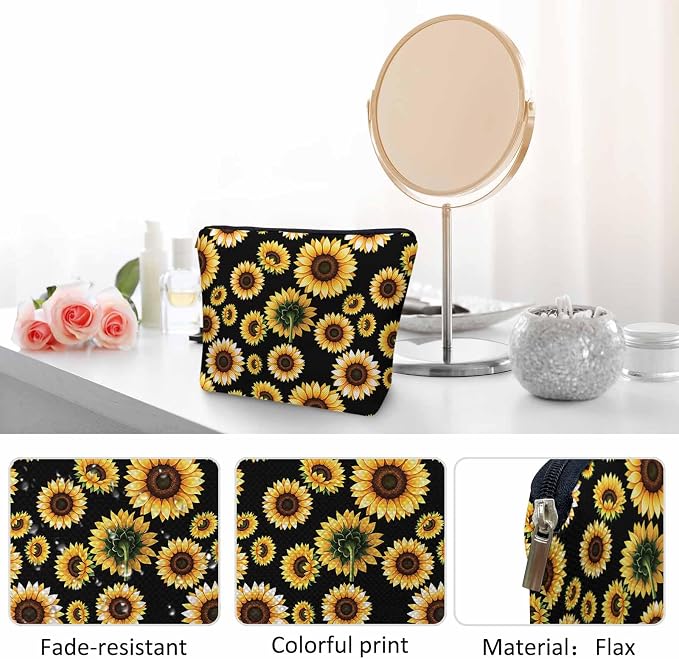 Sunflower Cosmetic Bags For Women, Blossom Sunflowers Yellow Roomy Makeup Bag Toiletry Bag Accessories Organizer Storage Bags Makeup Pouch For Travel Business Gym Camping Bathroom