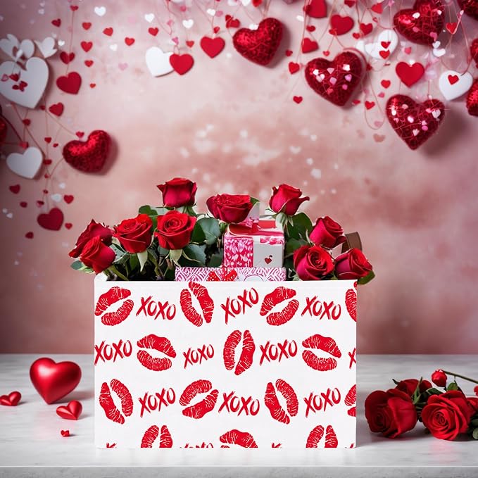 Valentine's Day Basket for Gifts Empty Cute Heart Large Gift Basket Decorative Storage Bin for Kid and Baby Room Décor (XOXO Red Lips)