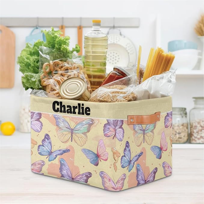 Personalized Storage Bins, Customized Name Storage Basket Rectangle Clothes Organizer for Organizing Kids and Pets Toys Shelf Closet, Watercolor Pink Purple Butterflies Yellow
