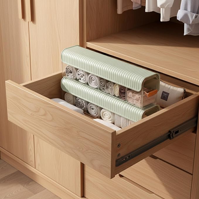 Stackable Storage Box with Dividers, Clear PET Plastic Organizer for Accessories & Essentials, Space-Saving Drawer Bin