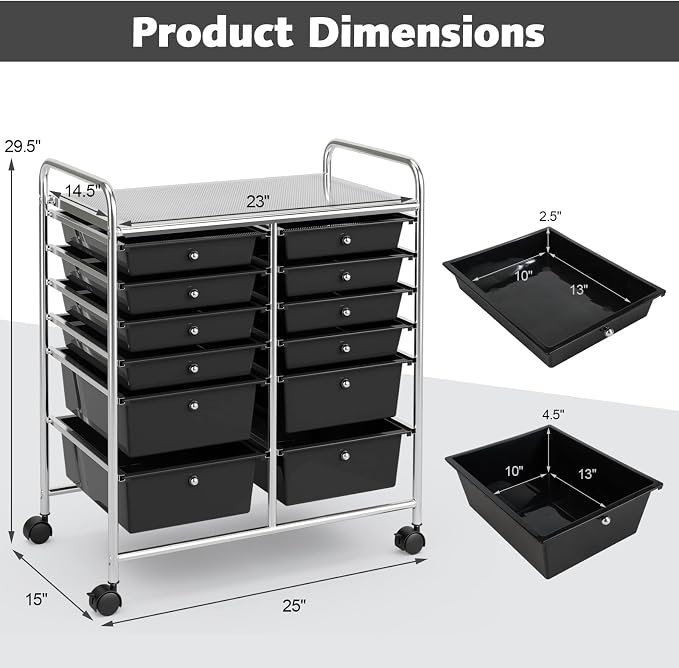 12 Drawer Rolling Storage Cart, Art Cart Organizer on Wheels, Mobile Utility Cart with Drawers, Multipurpose Craft Drawers for Home Office School Classroom (Black)