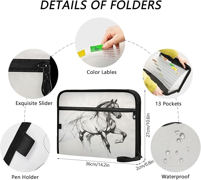 Horse Line 13 Pocket File Organizer Expanding File Folder with Front Pouch Portable Business File Storage Document Organizer Folder with Zipper