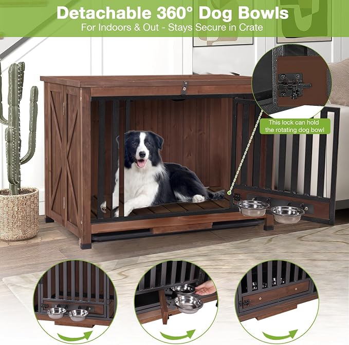 GUTINNEEN Dog Crate Furniture with Bowl for Travel Foldable Dog Crate with Chew-Proof Design Pull-Out Tray Carrying Puppy Cage (Brown)