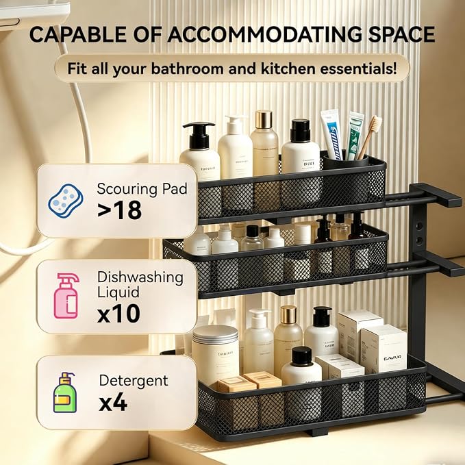 1 Pack 3 Tier Under Sink Organizer with Pull Out Drawer, Height Adjustable Heavy Duty Metal Under Cabinet Organizer, Smooth Sliding Storage Shelf for Kitchen, Bathroom Cabinet Organization, Black