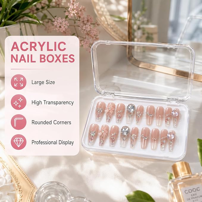 12Pcs Press On Nail Packaging Boxes for Long Nails | Large clear storage cases for long press ons; includes 30 adhesive tabs and bonus tools for nail salon use.