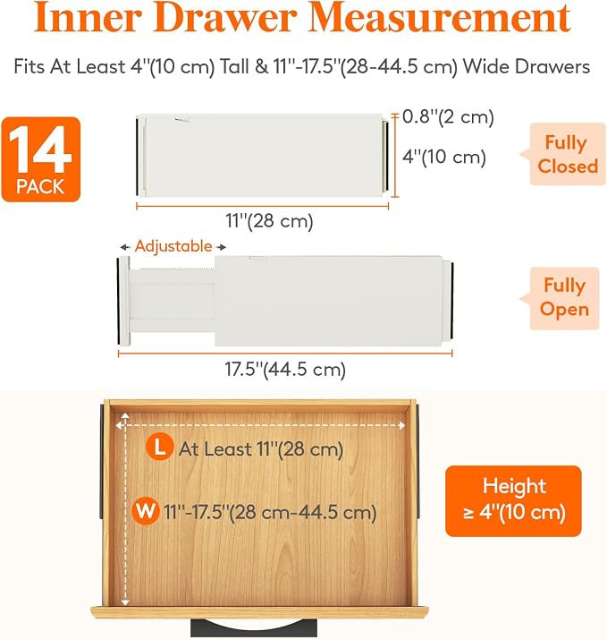 Lifewit 4" High Upgrade Drawer Divider, Adjustable Drawer Organizer Clothes | 14 Pack 11-17" Expandable Beige Plastic Drawer Separator for Dresser, Kitchen, Closet, Nursery, Office Organization & Storage
