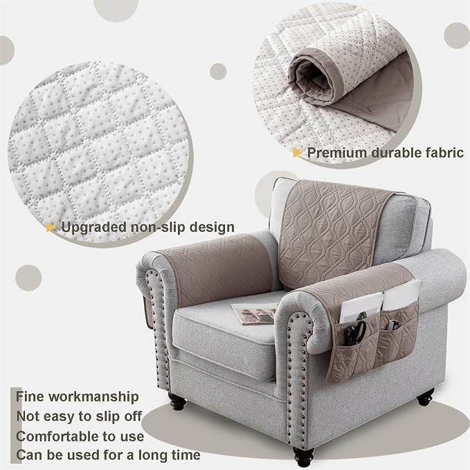 Recliner Armrest Cover with Headrest, Chair Armrest Slipcover with Side Pockets, Water-Resistant, Non Slip Furniture Protector for Pets (Khaki,2 Seater 4PCS)