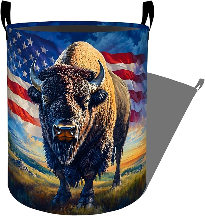Patriotic Bison Laundry Basket, Wild Animal American Flag Storage Hamper, Round Collapsible Waterproof Cloth Bin, 19.7x15.7 Inch Rustic Clothes Organizer Gifts for Bathroom Decor