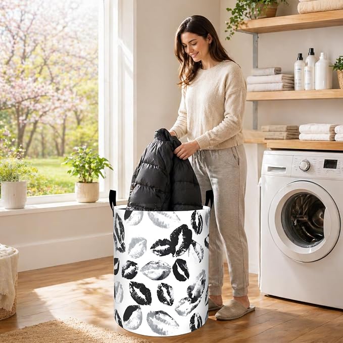 Lip Print Laundry Basket, Modern Romantic Black Kiss Oxford Cloth Dirty Clothes Collapsible Hamper for Room Decor, Couple Gifts, Toy Organizer 19.7 x 15.7 Inches for Bedroom Bathroom Dorm