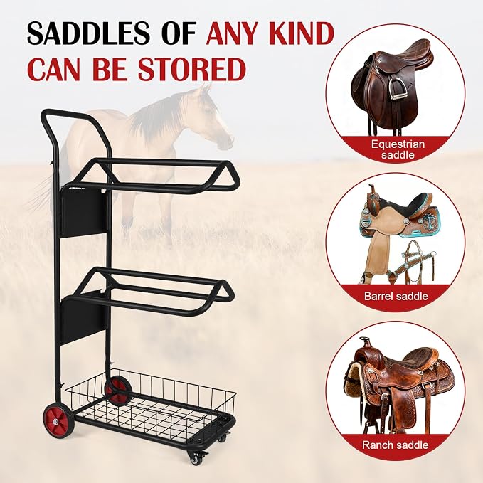 Saddle Rack Cart Rolling with Storage Basket 3 Tier Heavy | Heavy Duty Organizer for Stable Barn Tack Room Moving Transport Supplies