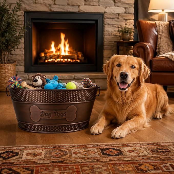 BREKX Copper Metal Pet Storage & Dog Toy Bin w/ Handles, Indestructible | Dog Toy Box • Galvanized Steel • Organizes Toys, Blankets & Leashes • Farmhouse Style
