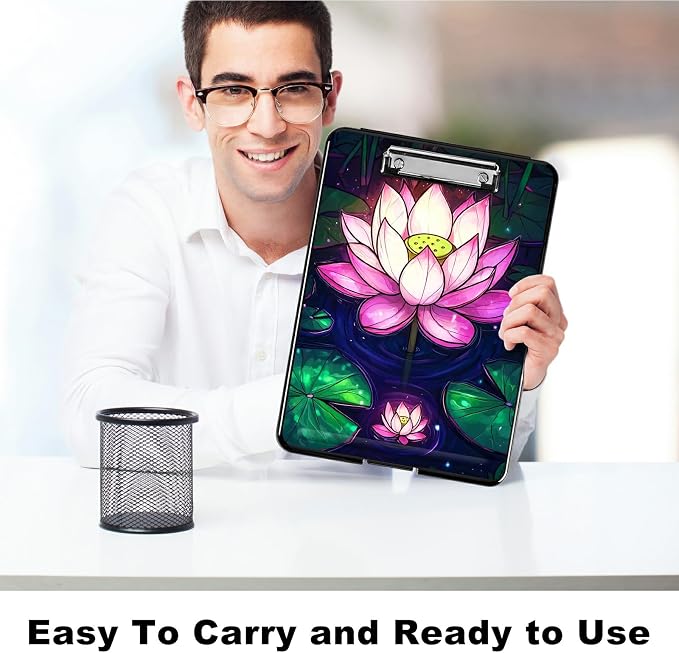 Pink Lotus Flower A4 Clipboard with Storage Pen Holder, Clipboards Organizer Nursing Clipboard Foldable File Folder Plastic Clipboard Folio Clip Board for Office Students Classroom Doctor