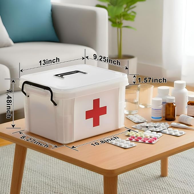 15QT Clear Medicine Organizer Box with Handle, Plastic Medicine Container with Tray First Aid Box Empty, Thickened Medicine Storage Organizer Multipurpose Medication Organizer Storage, White