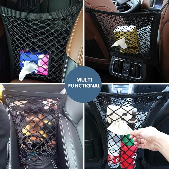 2-Layer Car Mesh Organizer, Seat Back Net Bag Stretchable Barrier of Backseat Pet Kids, Four-Side Elastic Storage Netting Pouch Cargo Tissue Purse Holder Between Front Seats
