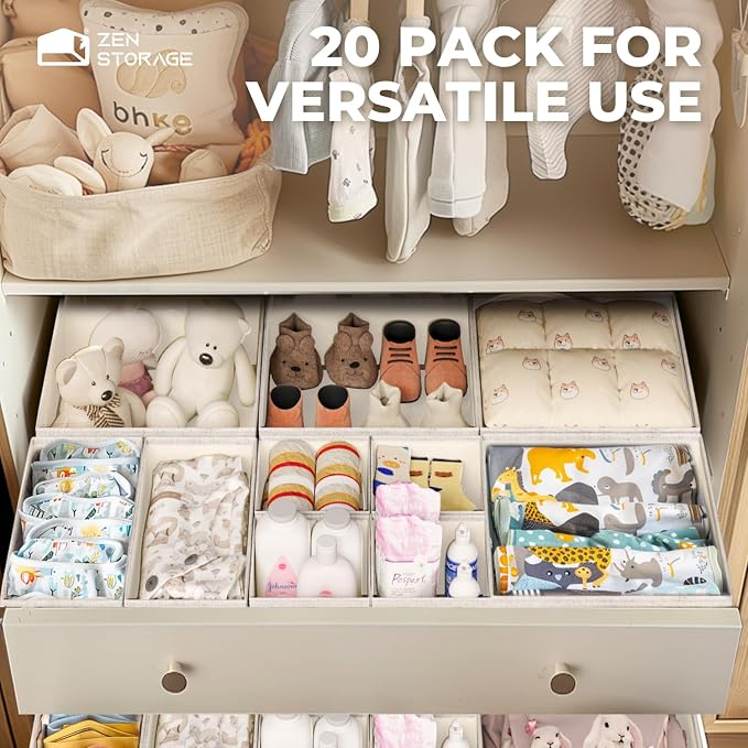 ZenStortage Cotton Linen Baby Drawer Organizers for Nursery, 20Pack Beige | Natural Cotton Linen Fabric, 3 Sizes for Flexible Combinations, Skin-Friendly Material, Foldable Zipper Design