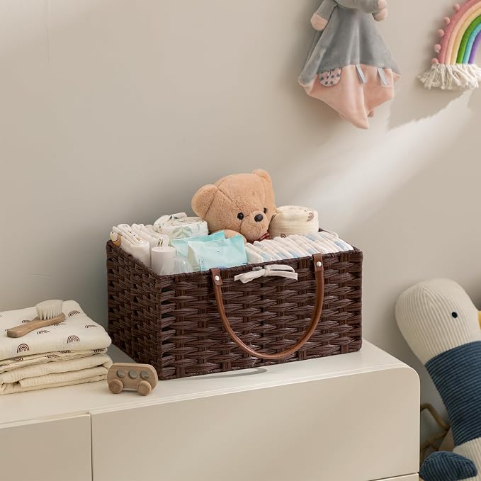 HBlife Large Diaper Caddy Organizer, Washable Waterproof, Portable Plastic Wicker Woven Basket with Divider, Nursery Diaper Station, Baby Shower Gifts Basket & Car Organizer